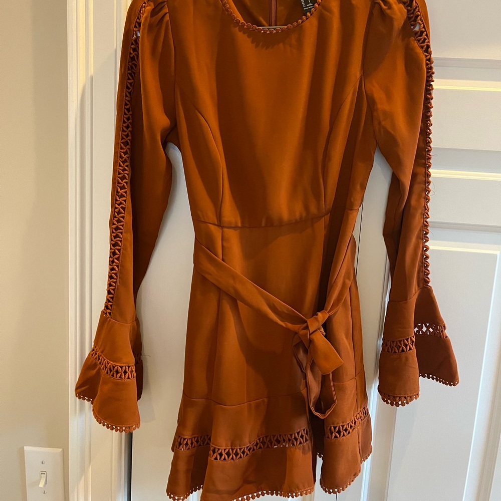Burnt orange, beautifully detailed long sleeve dress with tie